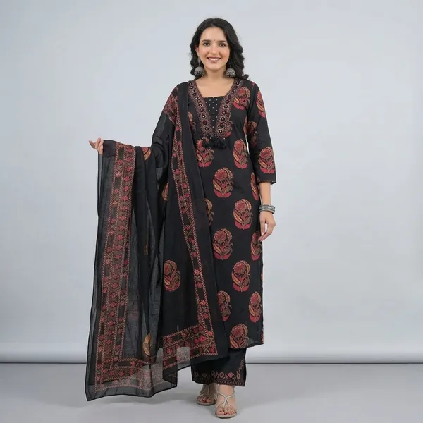 Black_Cotton_Floral_Embroidered_Kurta_Set_With_Dupatta_For_Women