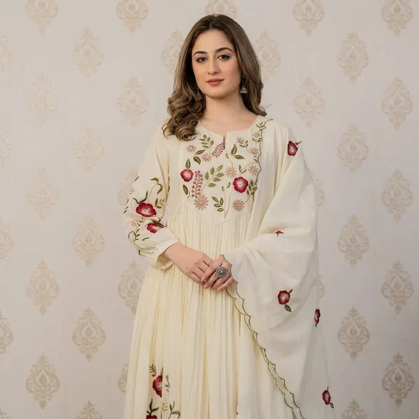 Off_White_Cotton_Floral_Embroidered_Anarkali_Kurta_Set_For_Women