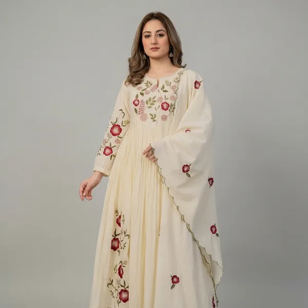 Off_White_Cotton_Floral_Embroidered_Anarkali_Kurta_Set_For_Women