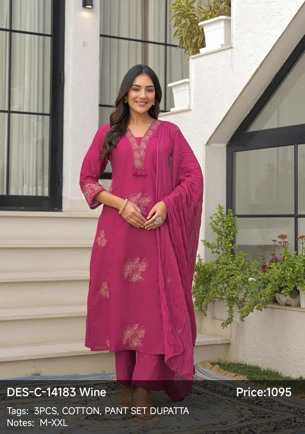 Wine_Cotton_Embroidered_Straight_Kurta_Set_With_Dupatta_For_Women