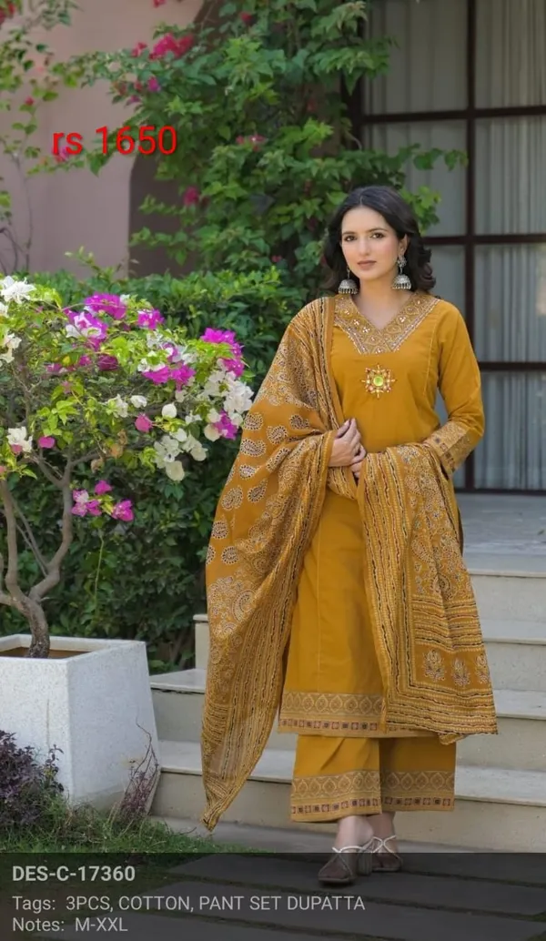 Mustard_Cotton_Embroidered_Straight_Kurta_Set_With_Dupatta_For_Women