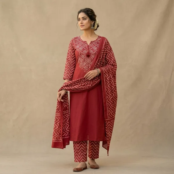 Red_Cotton_Embroidered_Kurta_Set_With_Dupatta_For_Women