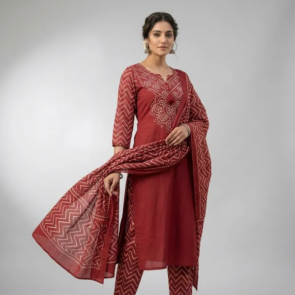 Red_Cotton_Embroidered_Kurta_Set_With_Dupatta_For_Women