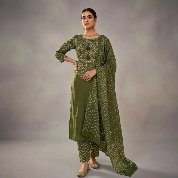 Olive_Green_Cotton_Bandhani_Print_Straight_Kurta_Set_With_Dupatta_For_Women