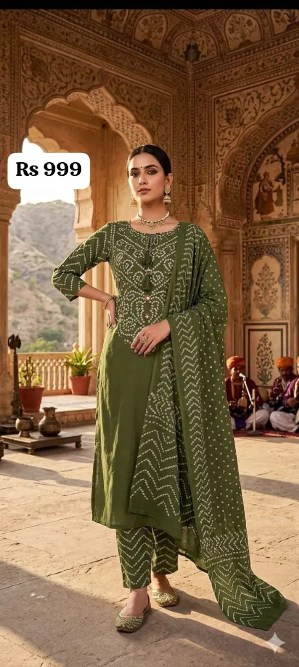 Olive_Green_Cotton_Bandhani_Print_Straight_Kurta_Set_With_Dupatta_For_Women