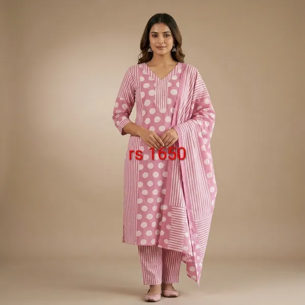 Pink_Cotton_Striped_Polka_Dot_Print_Straight_Kurta_Set_For_Women