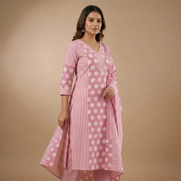 Pink_Cotton_Striped_Polka_Dot_Print_Straight_Kurta_Set_For_Women