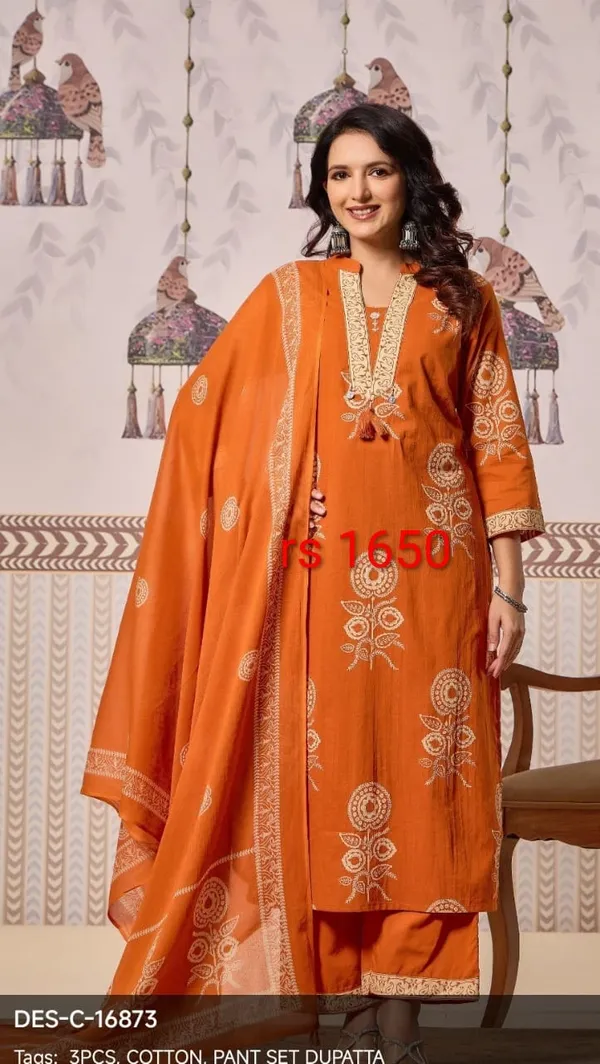 Orange_Cotton_Embroidered_Straight_Kurta_Pant_Set_With_Dupatta_For_Women