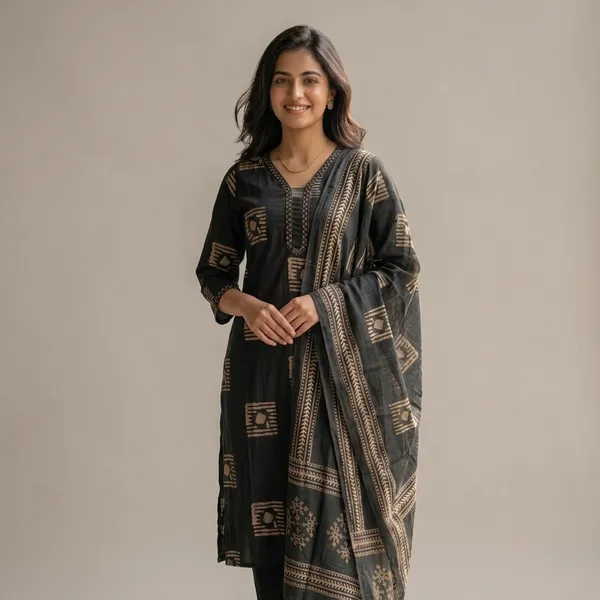 Black_Cotton_Geometric_Block_Print_Kurta_Set_With_Dupatta_For_Women