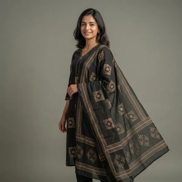 Black_Cotton_Geometric_Block_Print_Kurta_Set_With_Dupatta_For_Women
