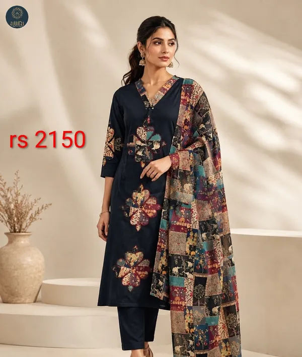 Navy_Blue_Cotton_Floral_Embroidered_Kurta_Set_With_Dupatta_For_Women