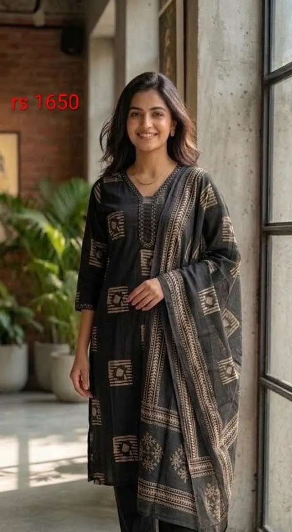 Black_Cotton_Geometric_Block_Print_Kurta_Set_With_Dupatta_For_Women
