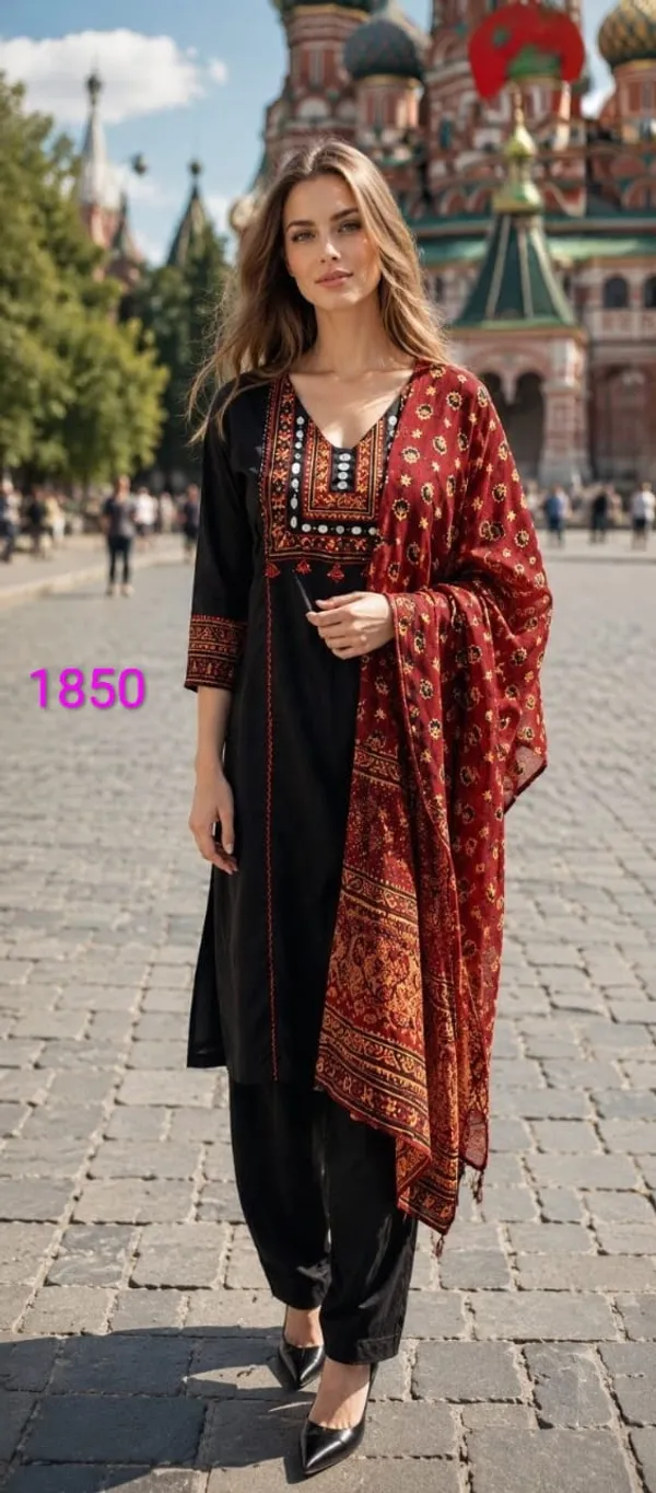 Black_Cotton_Mirror_Work_Embroidered_Kurta_Set_With_Dupatta_For_Women