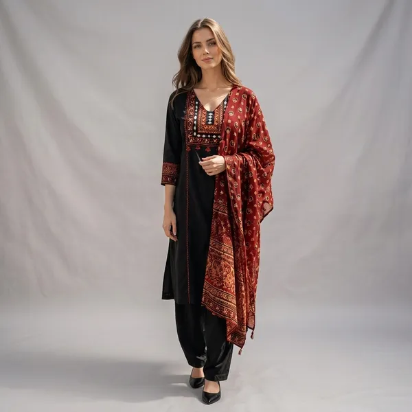 Black_Cotton_Mirror_Work_Embroidered_Kurta_Set_With_Dupatta_For_Women