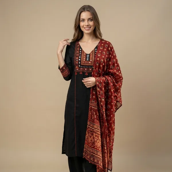 Black_Cotton_Mirror_Work_Embroidered_Kurta_Set_With_Dupatta_For_Women
