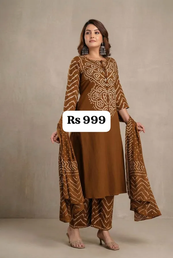 Brown_Cotton_Bandhani_Print_Straight_Kurta_Palazzo_Set_For_Women