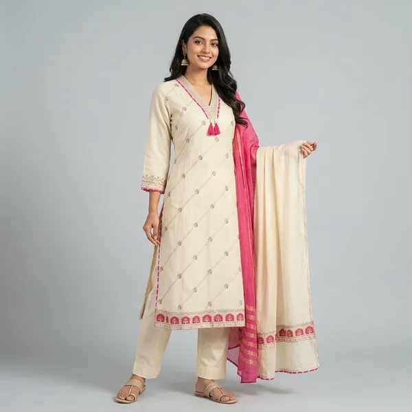 Cream_Cotton_Floral_Embroidered_Kurta_Set_With_Dupatta_For_Women