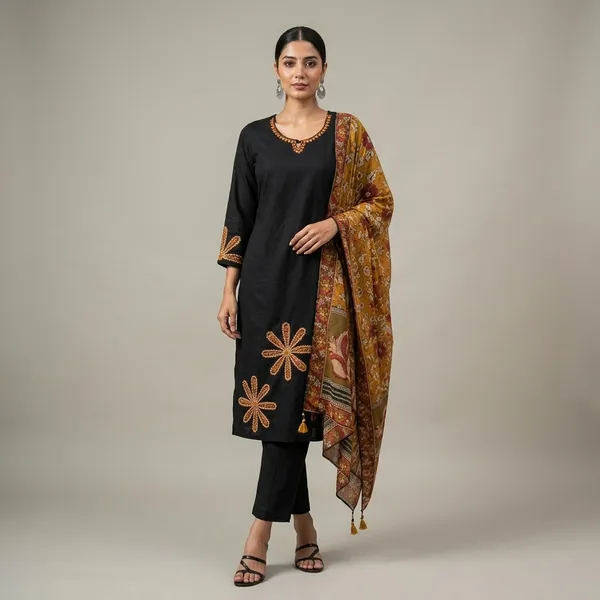 Black_Cotton_Floral_Embroidered_Kurta_Set_With_Dupatta_For_Women