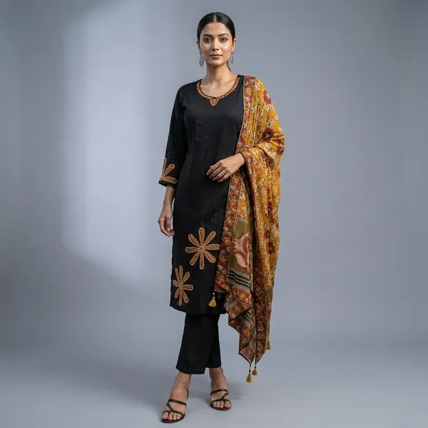 Black_Cotton_Floral_Embroidered_Kurta_Set_With_Dupatta_For_Women