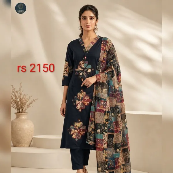 Navy_Blue_Cotton_Floral_Embroidered_Kurta_Set_With_Dupatta_For_Women