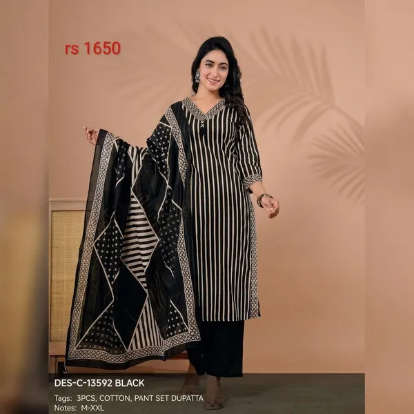 Black_Cotton_Striped_Straight_Kurta_Pant_Set_With_Dupatta_For_Women