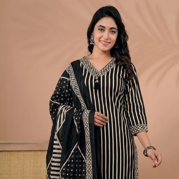 Black_Cotton_Striped_Straight_Kurta_Pant_Set_With_Dupatta_For_Women