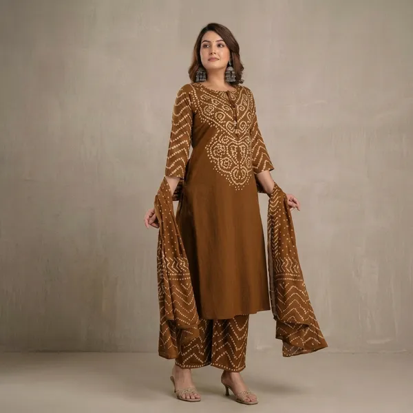 Brown_Cotton_Bandhani_Print_Straight_Kurta_Palazzo_Set_For_Women