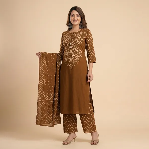Brown_Cotton_Bandhani_Print_Straight_Kurta_Palazzo_Set_For_Women