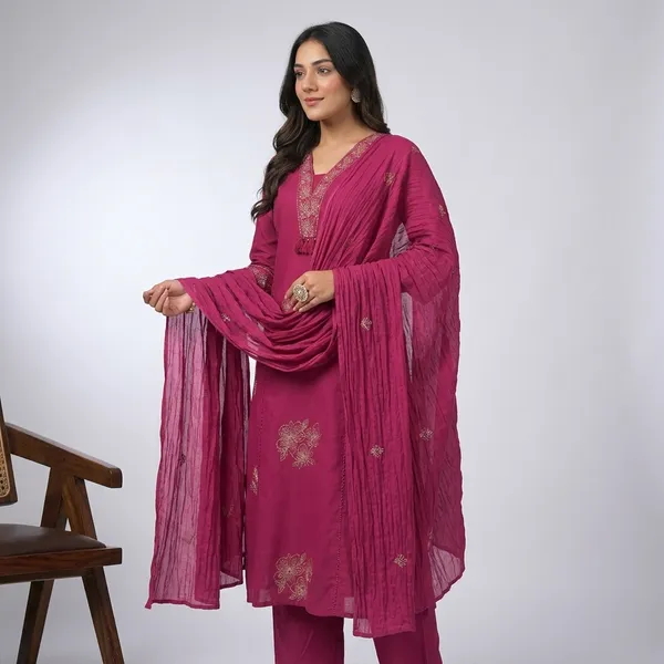 Wine_Cotton_Embroidered_Straight_Kurta_Set_With_Dupatta_For_Women