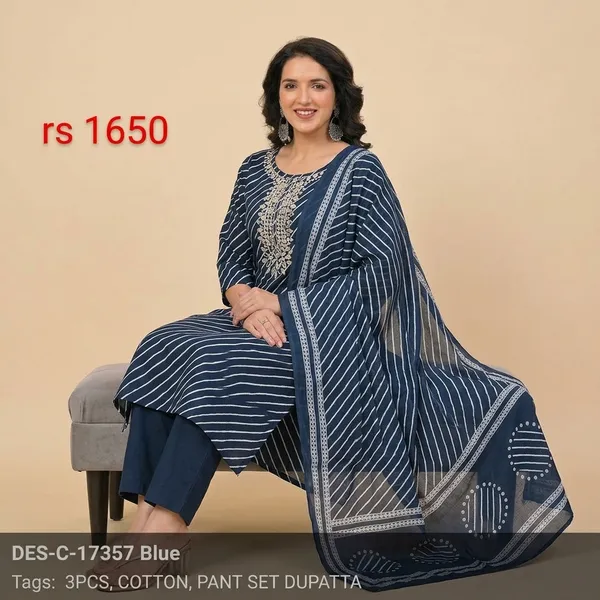 Blue_Cotton_Diagonal_Stripe_Embroidered_Kurta_Set_With_Dupatta_For_Women