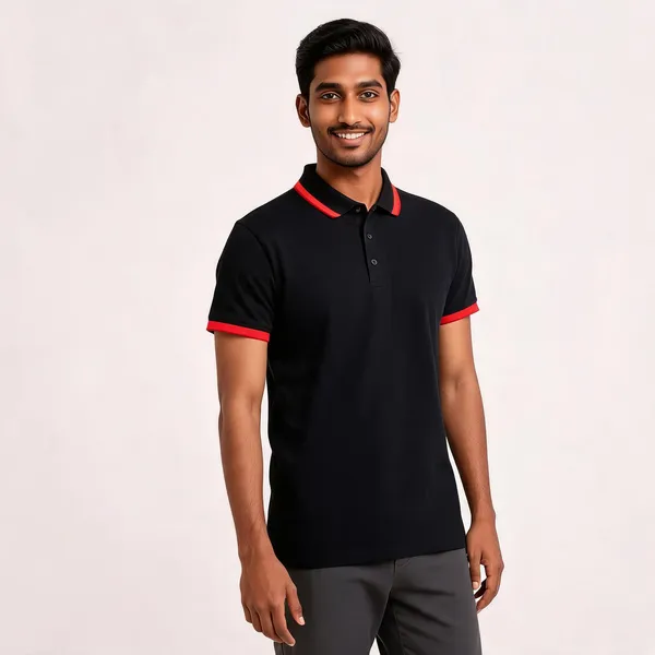 Pctc_Black_Polo_T-Shirt_With_Contrast_Tipping_For_Men