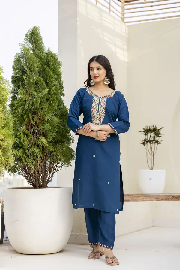 Blue_Kurta_Set80%_Cotton,_20%_Silk_For_Women