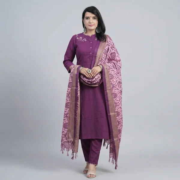 Wine_Colour_Cotton_Slub_Handloom_Kurta_Pant_With_Dupatta_Set