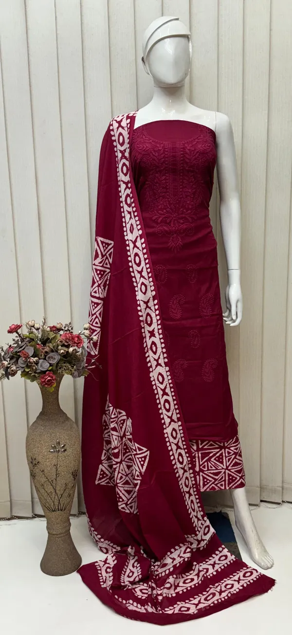 Maroon_Cambric_Cotton_Lucknowi_Embroided_Batik_Print_Unstitched_Salwar_Suit_Set_For_Women