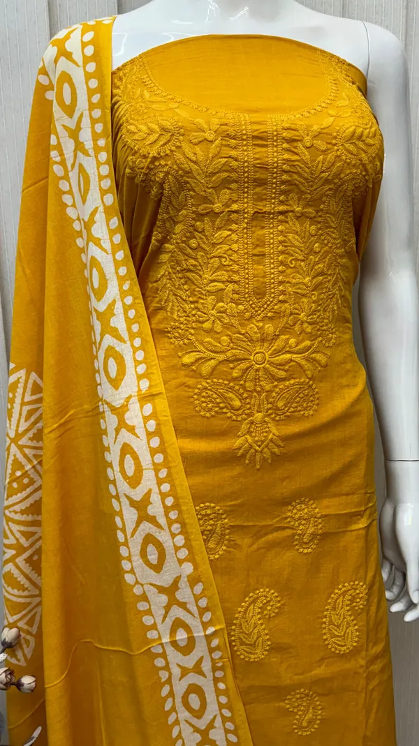 Mustard_Yellow_Cambric_Cotton_Lucknowi_Embroidered_Batik_Print_Unstitched_Suit_Set_For_Women