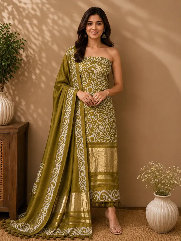 Olive_Green_Gazzi_Silk_Batik_Print_Unstitched_Salwar_Suit_with_Golden_Border_For_Women