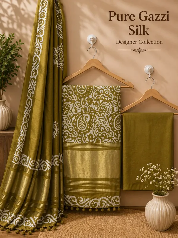 Olive_Green_Gazzi_Silk_Batik_Print_Unstitched_Salwar_Suit_with_Golden_Border_For_Women