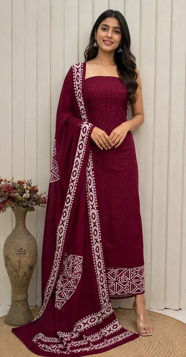 Maroon_Cambric_Cotton_Lucknowi_Embroided_Batik_Print_Unstitched_Salwar_Suit_Set_For_Women