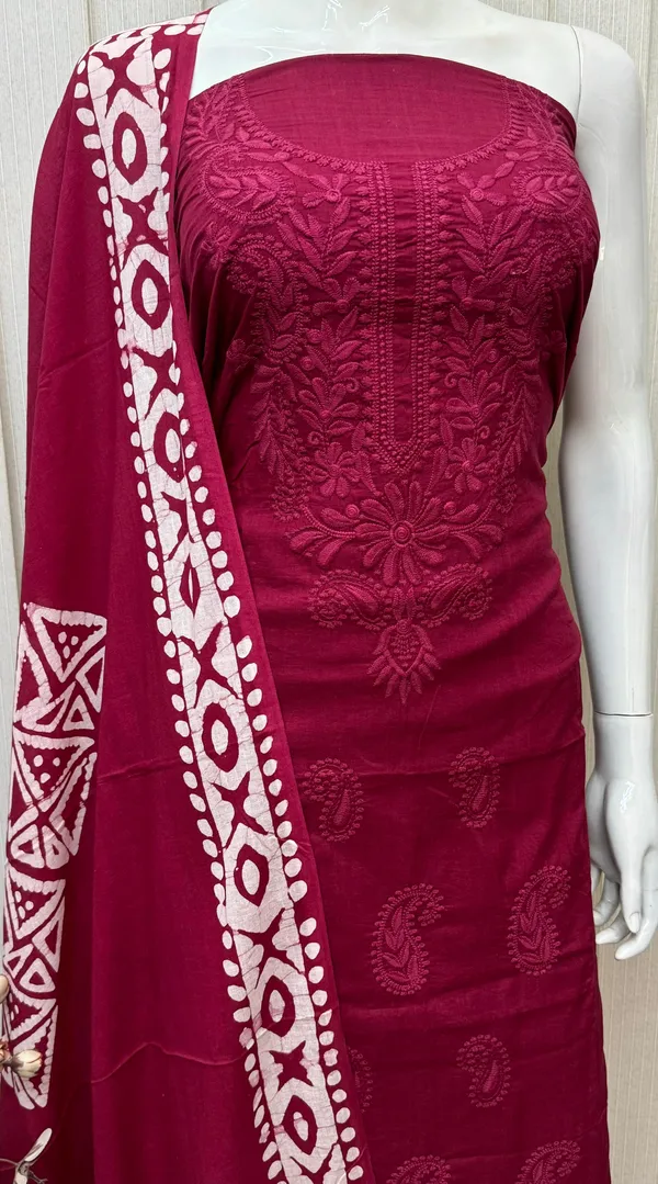 Maroon_Cambric_Cotton_Lucknowi_Embroided_Batik_Print_Unstitched_Salwar_Suit_Set_For_Women