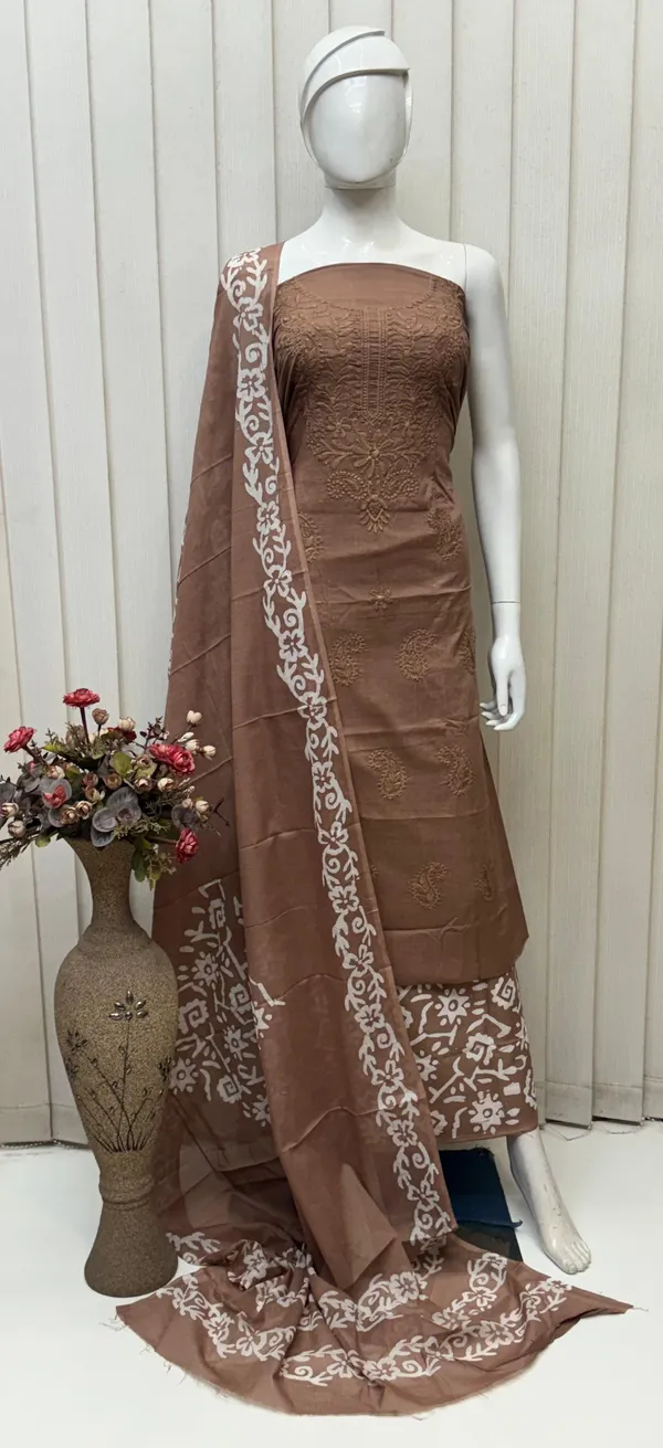 Brown_Cambric_Cotton_Lucknowi_Embroidered_Batik_Print_Unstitched_Suit_Set_For_Women