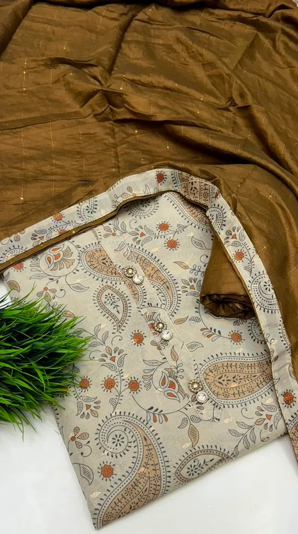 Beige_Jacquard_Silk_Printed_Unstitched_Suit_Set_With_Golden_Dupatta_For_Women