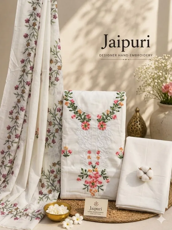 White_Jaipuri_Cambric_Cotton_Floral_Embroidered_Salwar_Suite_Set_For_Women