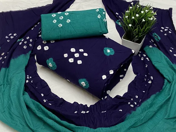 Navy_Blue_and_Teal__Bandhani_Cotton_Dress_Material_With_Teal_Dupatta_For_Women