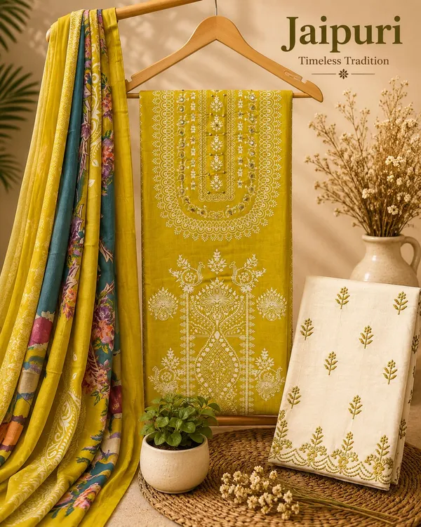 Mustard_Yellow_Jaipuri_Cambric_Cotton_Unstitched_Suit_Set_For_Women