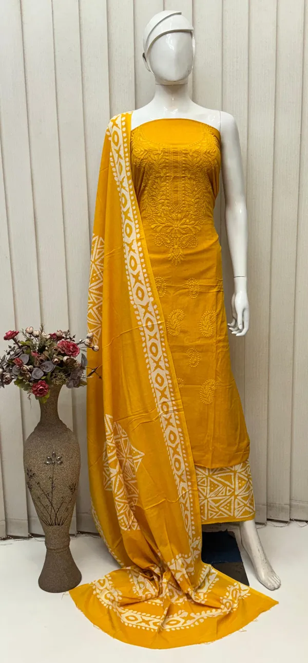 Mustard_Yellow_Cambric_Cotton_Lucknowi_Embroidered_Batik_Print_Unstitched_Suit_Set_For_Women
