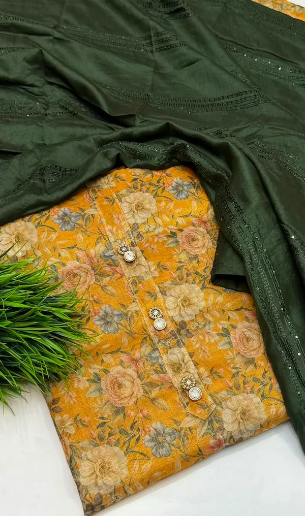 Yellow_Floral_Printed_Unstitched_Suit_Set_With_Green_Dupatta_For_Women