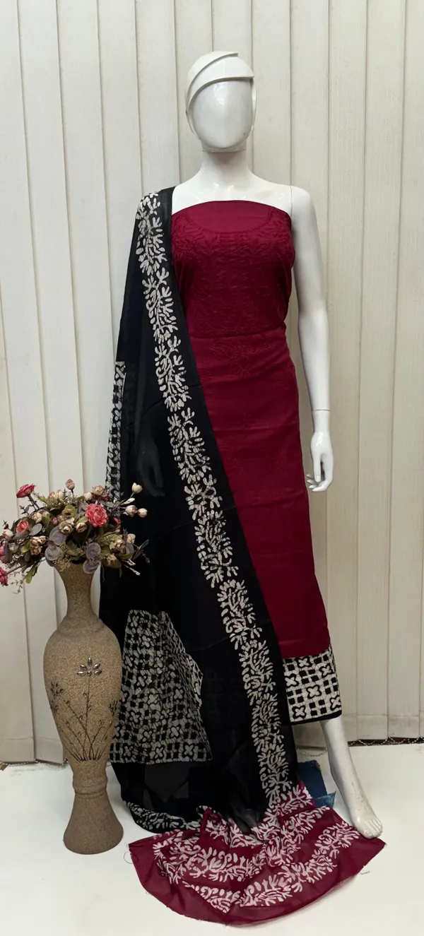 Maroon_Cambric_Cotton_Lucknowi_Embroidered_Batik_Print_Unstitched_Suit_With_Black_Dupatta_For_Women
