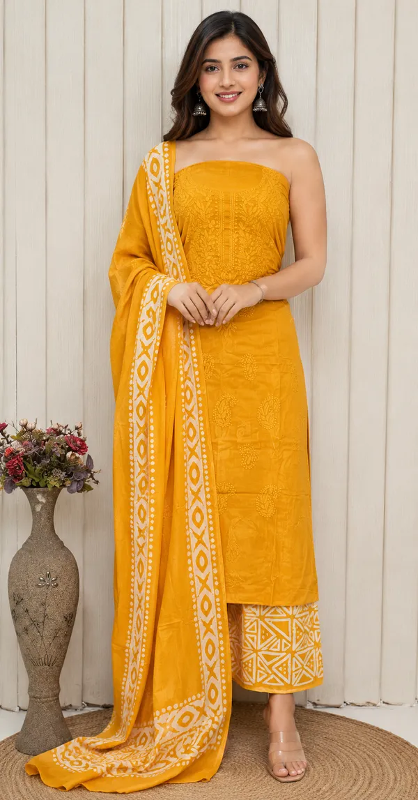 Mustard_Yellow_Cambric_Cotton_Lucknowi_Embroidered_Batik_Print_Unstitched_Suit_Set_For_Women