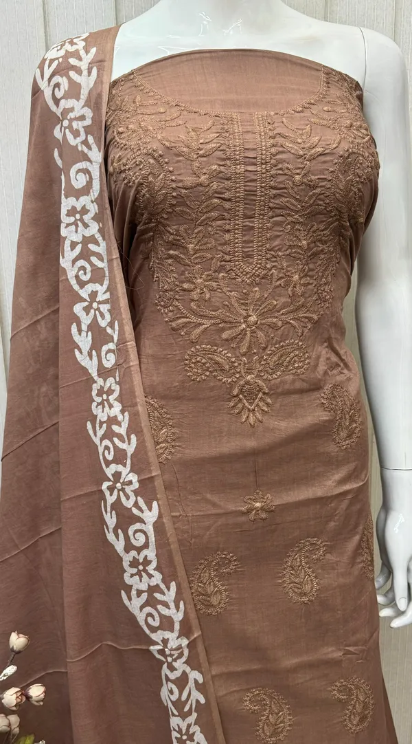Brown_Cambric_Cotton_Lucknowi_Embroidered_Batik_Print_Unstitched_Suit_Set_For_Women