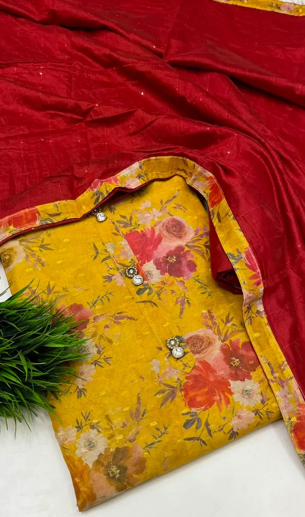 Mustard_Yellow_jacquard_Silk_Floral_Print_Unstitched_Suit_With_Red_Dupatta_For_Women